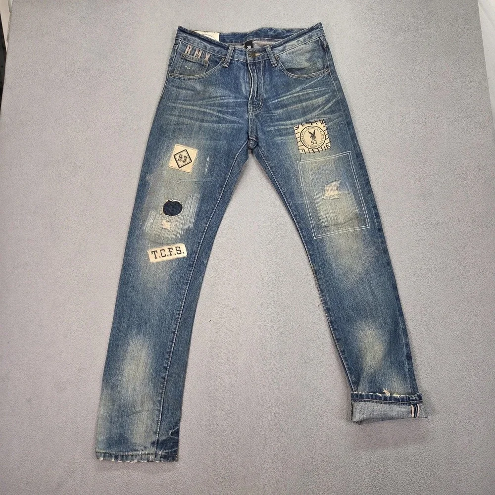 Remix Tapered Jeans Mens Blue Selvedge Raw Patchwork Denim Streetwear Fits 29x30